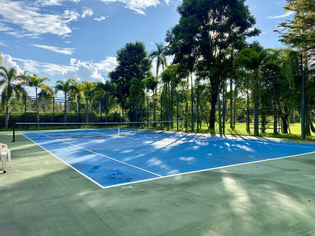 Blue tennis court with green surround and tall trees giving shade