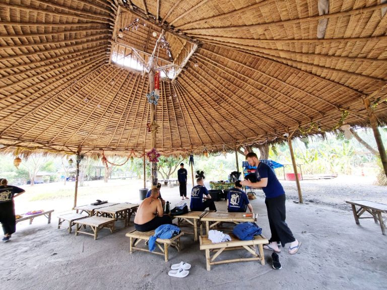 Bamboo framed structure provides welcome shade from the sun