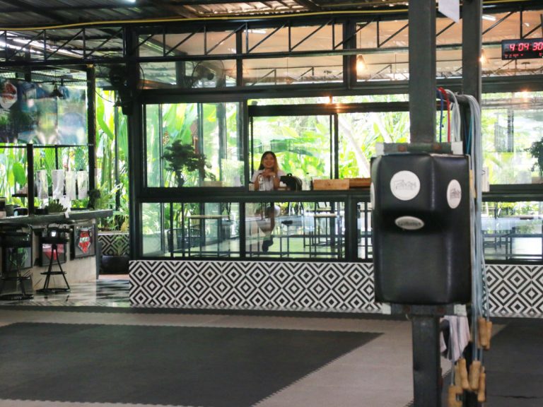 View from gym of smoothie bar and coffee service area