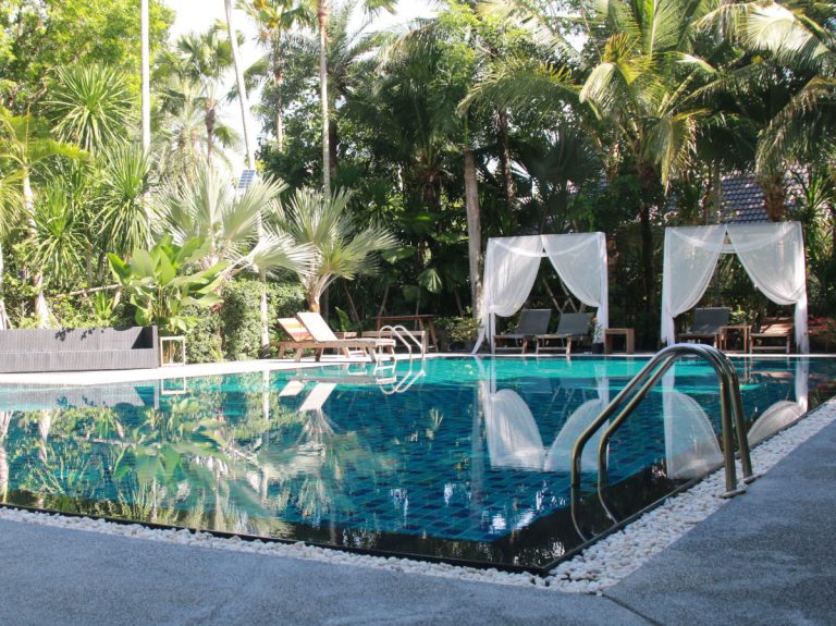 Blue swimming pool for cooling off on hot days