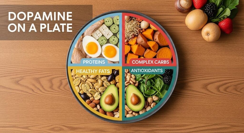 Plate divided into dopamine diet food categories with labelled sections.