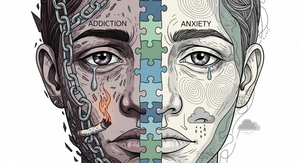 Visual representation of dual diagnosis with addiction and mental health.