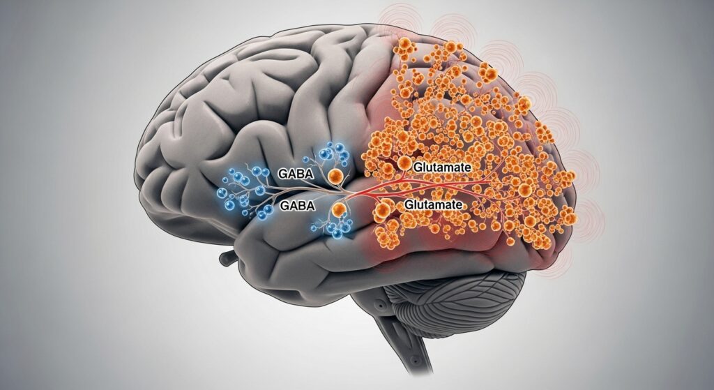 Illustration of neurotransmitter disruption during alcohol withdrawal.
