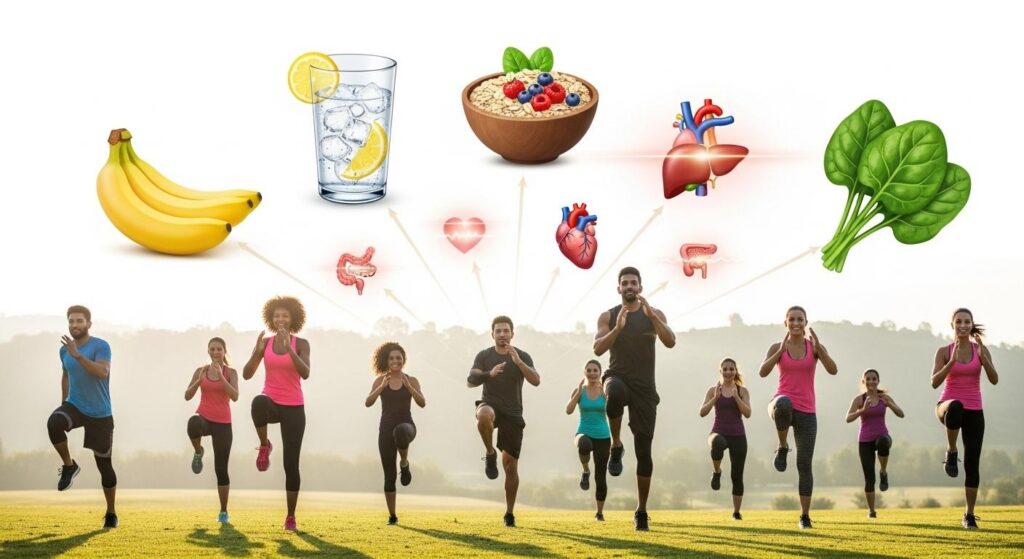 A group of people exercising outdoors, with icons of various foods above to emphasise the role of nutrition in fitness and recovery.