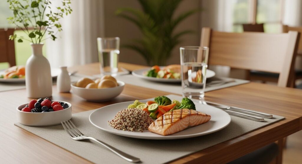 Rehab centre table with a dopamine-boosting meal in a serene, healing environment.