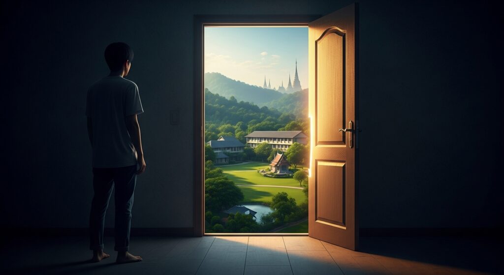 Hyper-realistic image of a person standing in the shadows facing an open door leading to a tranquil Thai landscape and rehab center, symbolizing recovery from alcohol withdrawal.