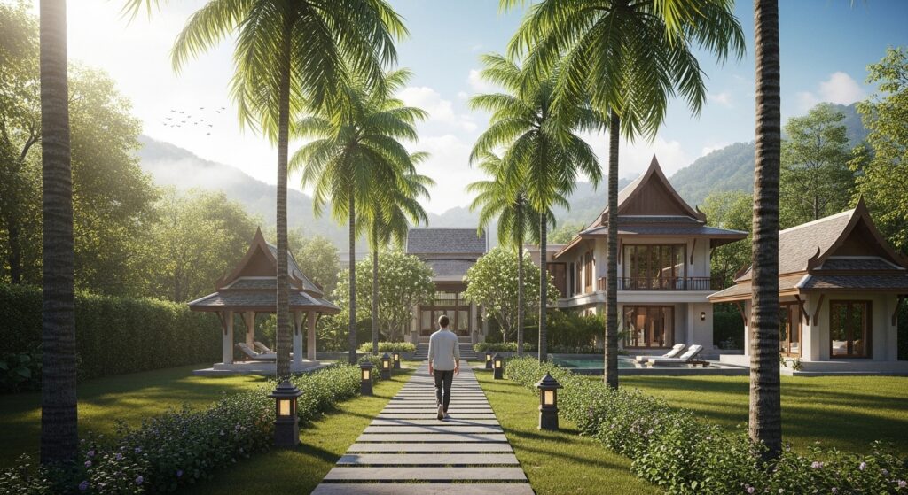 A serene rehab retreat in Thailand with a person walking a peaceful garden path toward healing