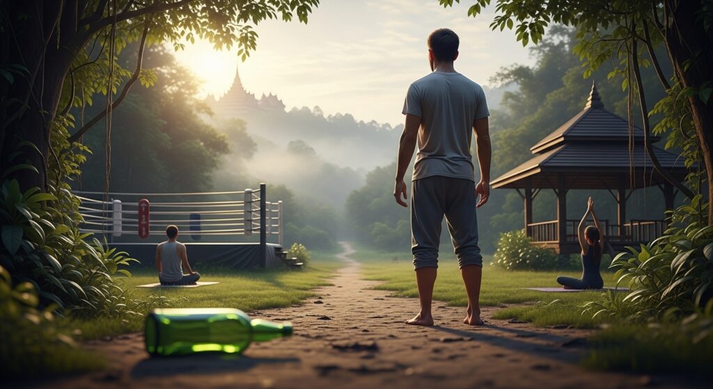 Hyper-realistic sunrise scene of a person at the threshold of a rehab facility in Thailand, symbolizing the start of recovery from alcohol addiction.