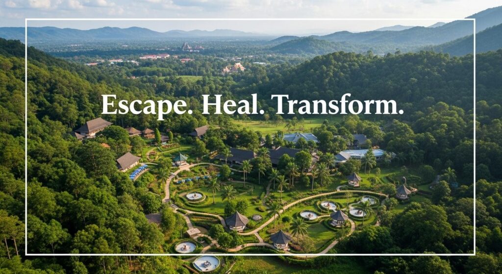 An overview of a tranquil Thai landscape in a natural mountain setting.