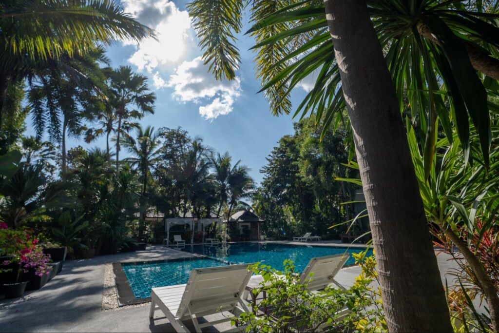 A sunny tropical pool area with palm trees, lounge chairs, and clear blue water surrounded by lush greenery at the One Step Rehab facility.
