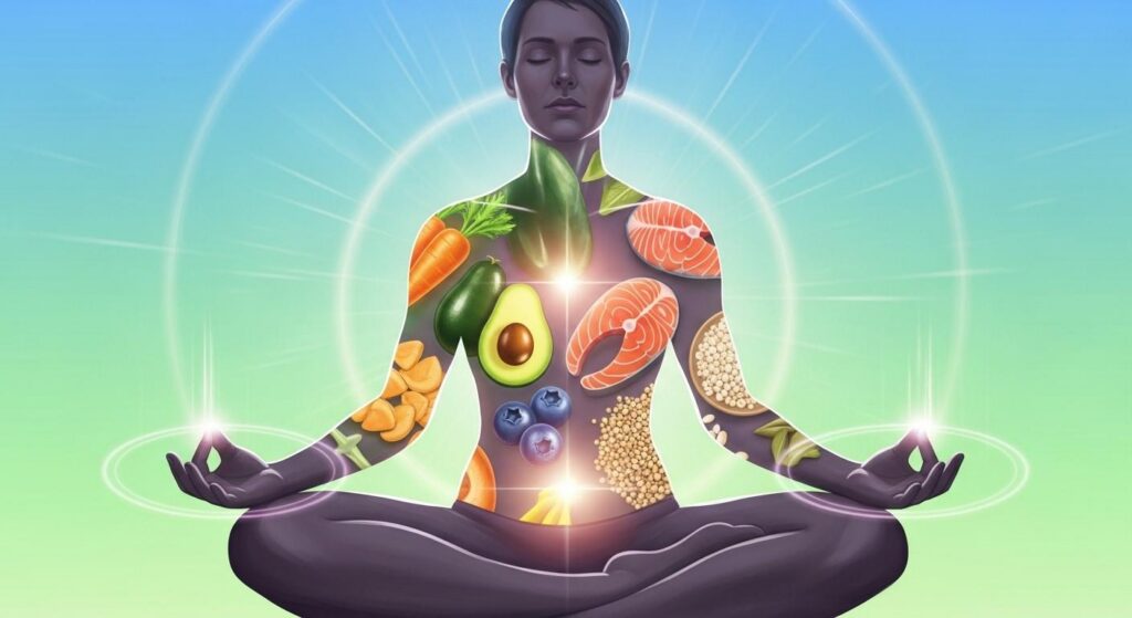 A figure of a woman sitting in a meditation position with images of foods covering her body, representing inner healing through nutrition during addiction recovery.