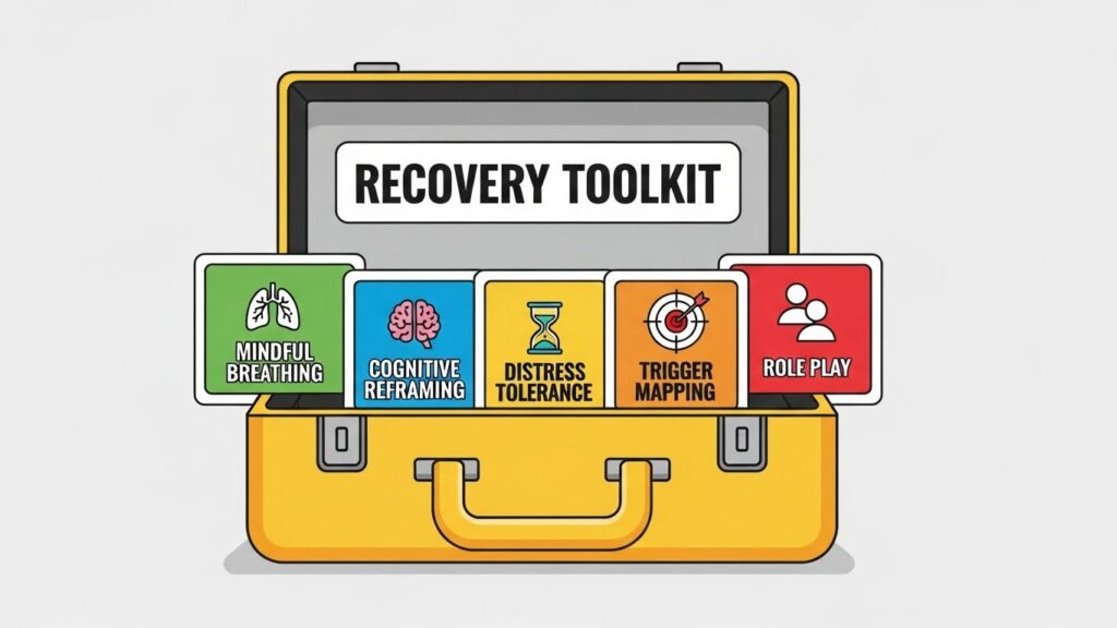A toolbox illustration labeled “Addiction Recovery Toolkit,” opened to reveal skill cards like “Mindful Breathing,” “Cognitive Reframing,” “Distress Tolerance,” “Trigger Identification,” and “Role Play Practice.”