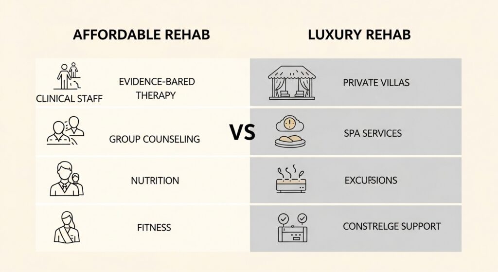 Comparison of how affordable and luxury rehab centres allocate treatment budgets