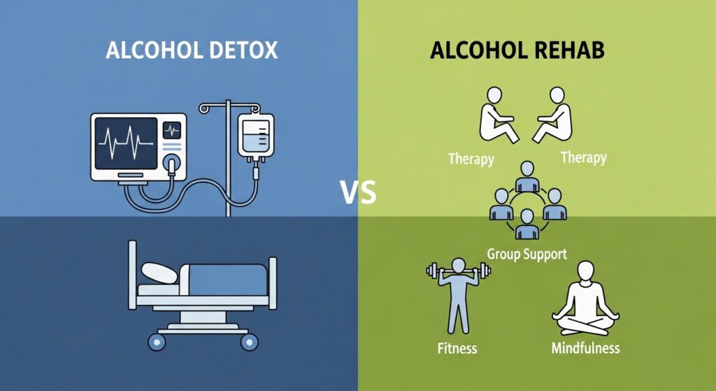 Comparison between alcohol detox and alcohol rehab roles in recovery