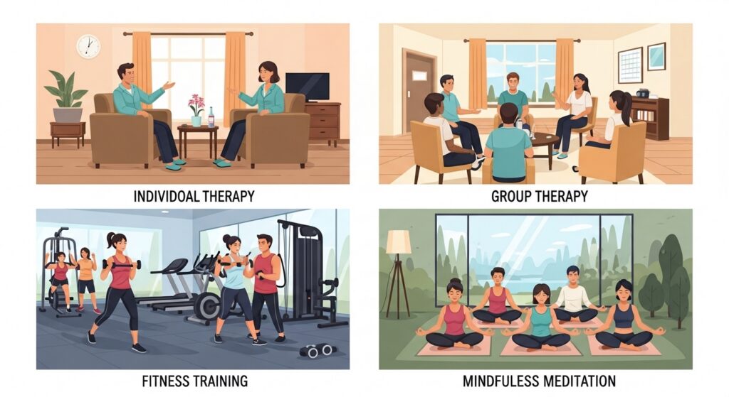 Four illustrated panels showing recovery activities: individual therapy session, group therapy discussion, supervised fitness training in a gym, and a mindfulness meditation class.