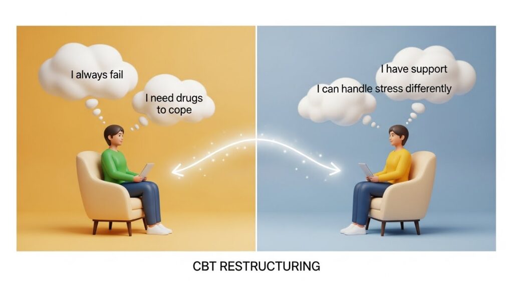 CBT transforming negative self-beliefs into positive coping thoughts for addiction recovery.