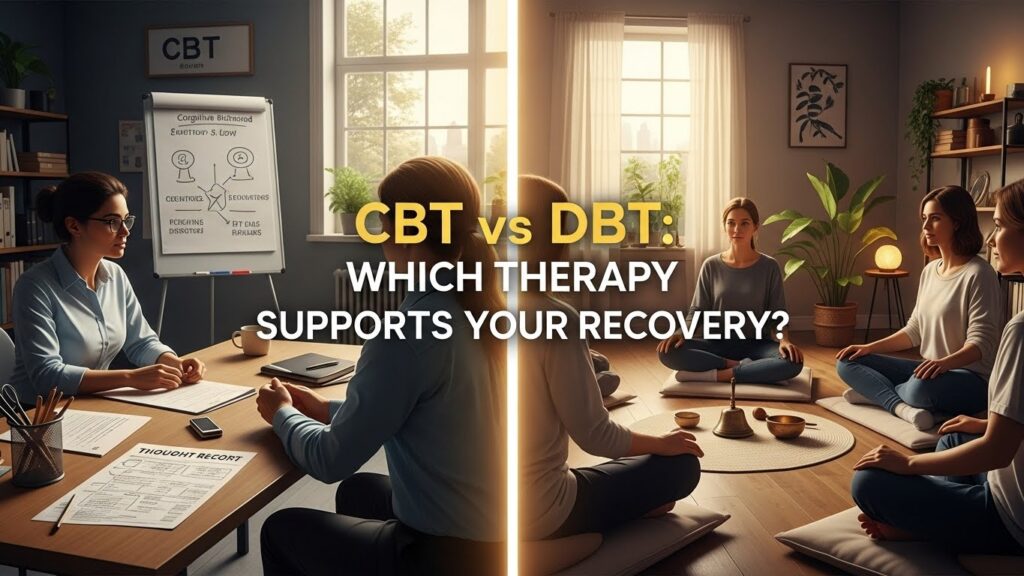 Hyper-realistic split image of a CBT session and a DBT session, showing visual contrast between structured and mindfulness-based therapy for addiction.