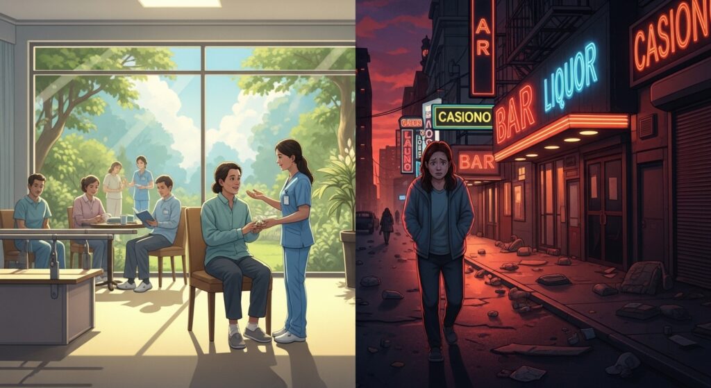 Split illustration contrasting a bright rehabilitation center with supportive staff and group therapy on the left, and a dark city street lined with bars and a casino on the right, symbolizing the choice between recovery and addiction.