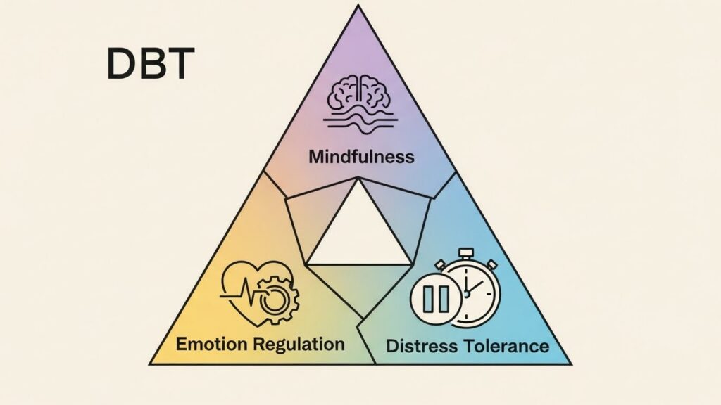 Diagram showing the three core DBT skills used in addiction recovery.