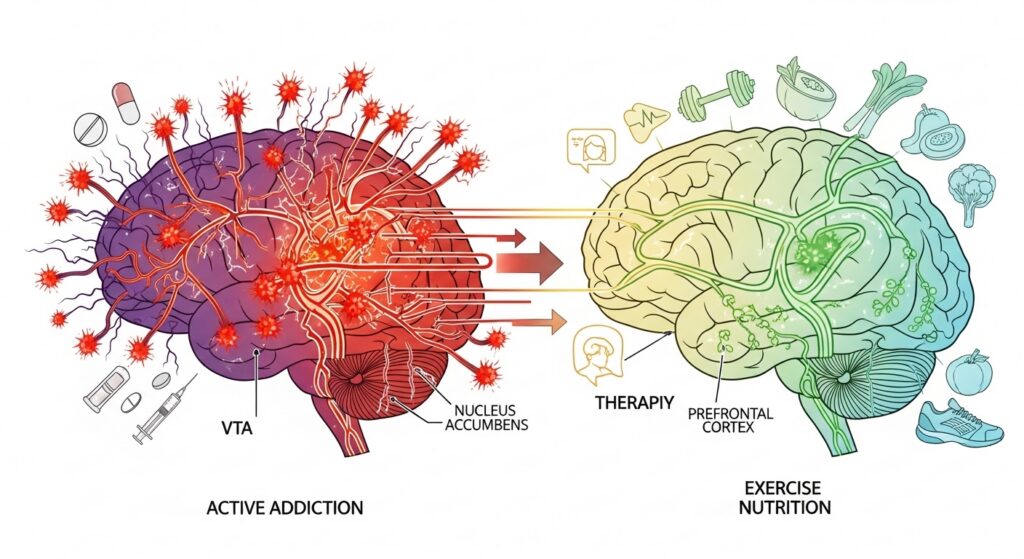 Illustration comparing a brain in active addiction with inflamed reward pathways (VTA and nucleus accumbens) to a healthier brain supported by therapy, exercise, and nutrition, highlighting recovery and prefrontal cortex function.