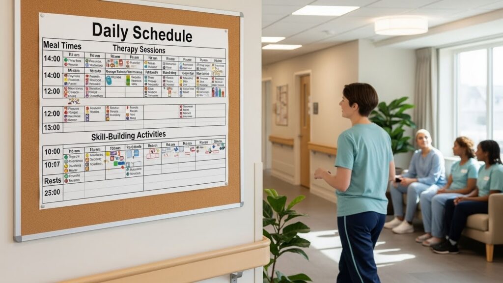 Staff member reviewing a daily treatment schedule board in a rehabilitation center hallway while patients sit nearby waiting for therapy sessions.