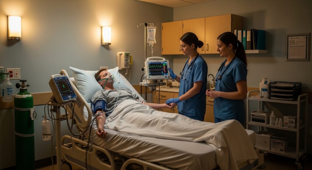Patient lying in a hospital bed wearing an oxygen mask while two nurses monitor his vital signs and adjust medical equipment in a clinical room.