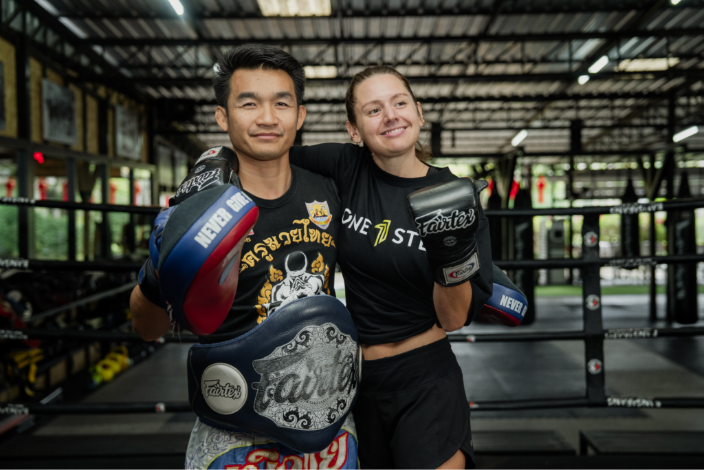 Client participating in Muay Thai training at One Step Rehab in Chiang Mai