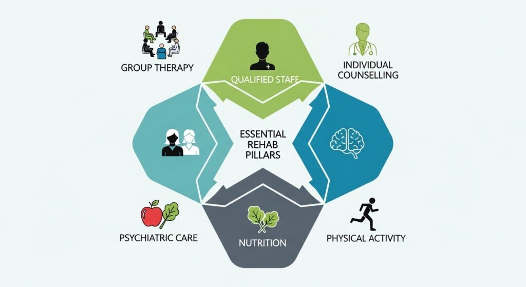 Infographic titled “Essential Rehab Pillars” highlighting key components of treatment, including qualified staff, group therapy, individual counselling, psychiatric care, nutrition, and physical activity.
