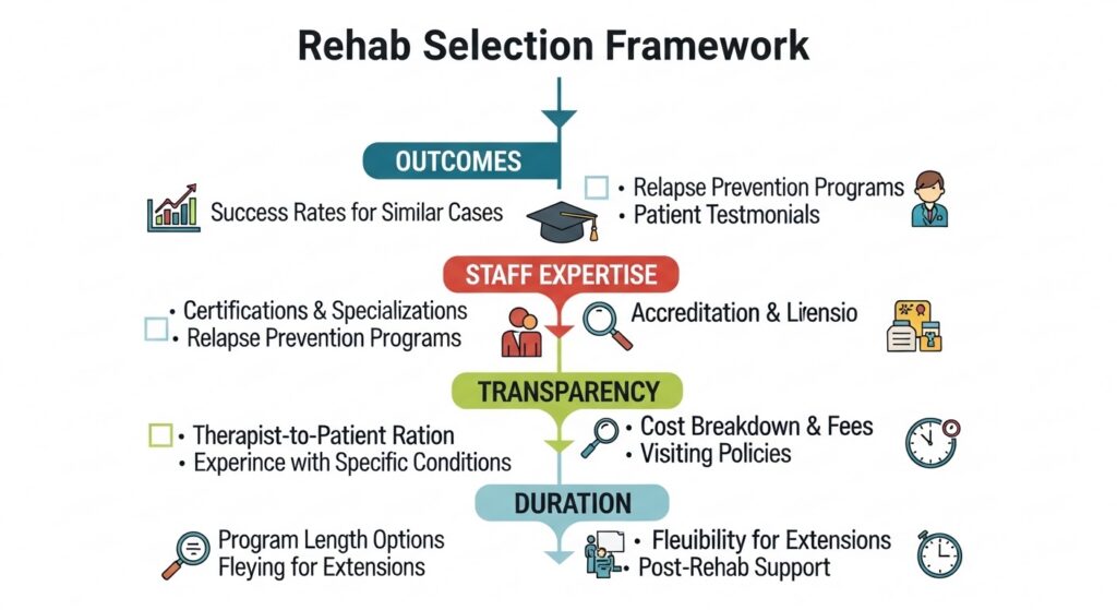 Infographic titled “Rehab Selection Framework” outlining key factors in choosing a rehabilitation program, including outcomes, staff expertise, transparency, and duration, with bullet points such as success rates, certifications, cost breakdown, and post-rehab support.