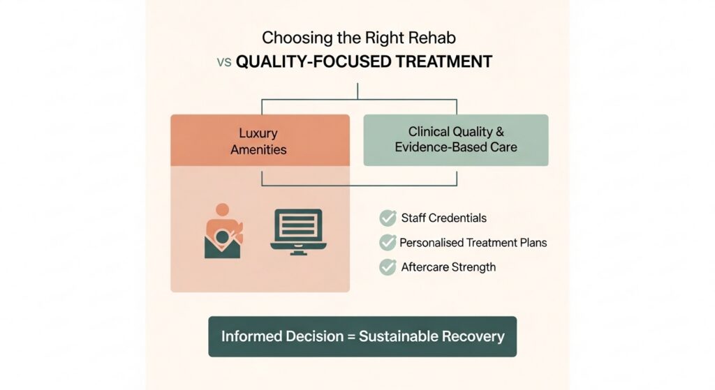 Decision tree infographic helping readers choose between luxury and quality-focused rehab