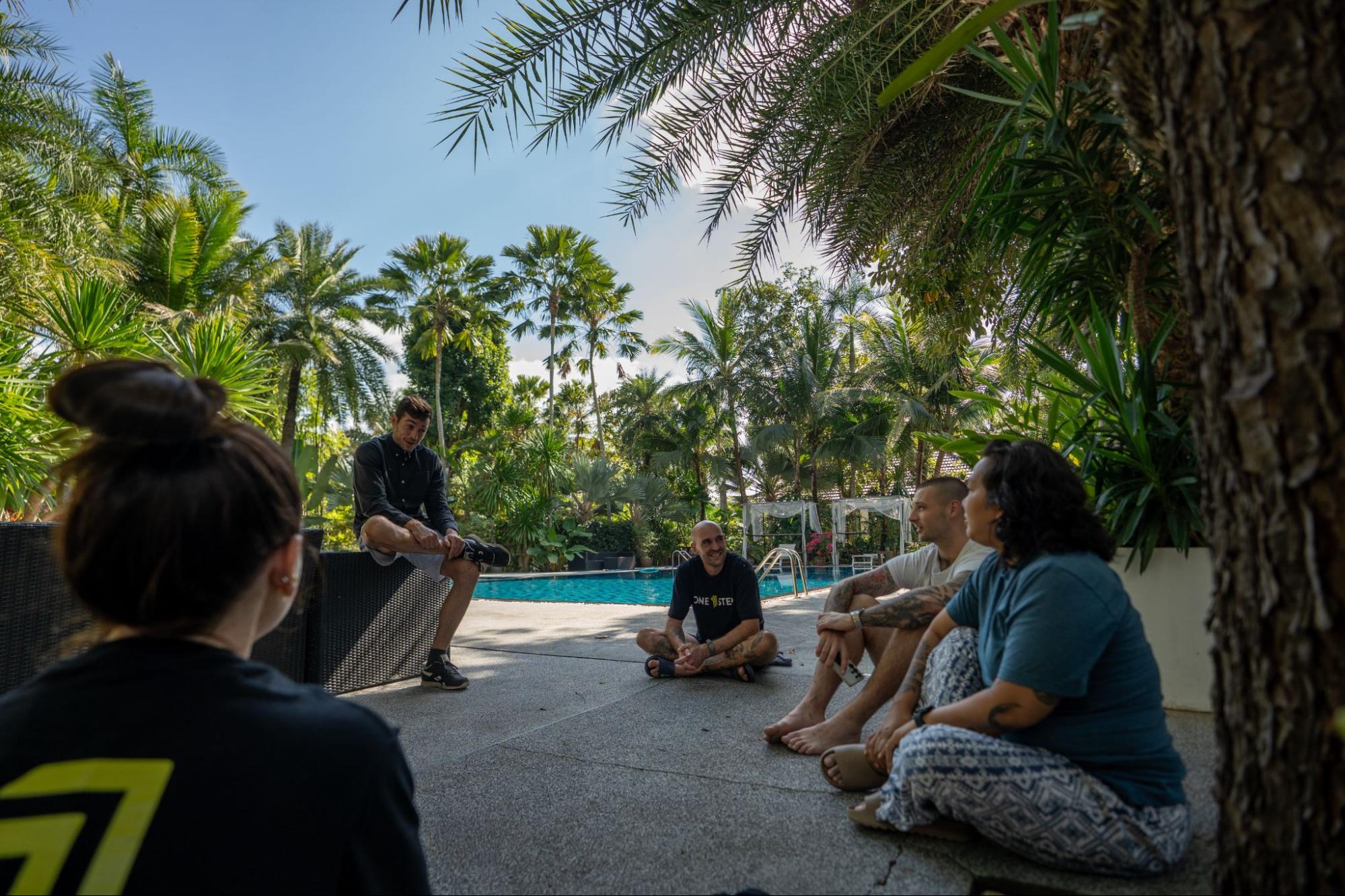 Poolside relaxation area at One Step benzo rehab center Thailand