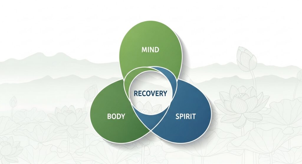 Infographic showing the mind, body, and spirit connected in holistic addiction recovery