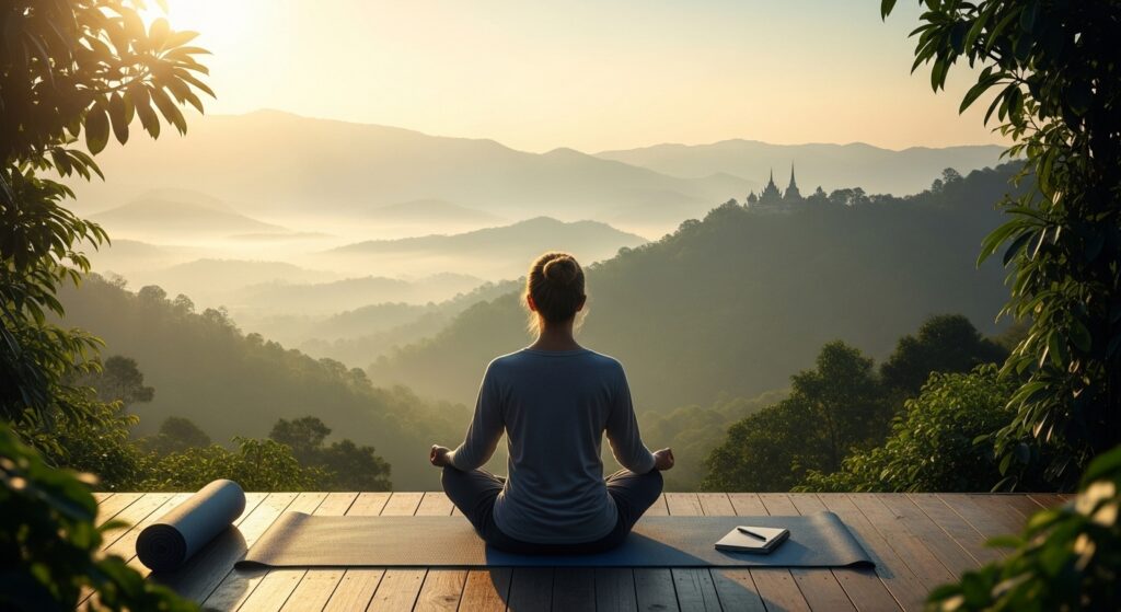 A person meditating at sunrise in Chiang Mai mountains representing holistic addiction recovery