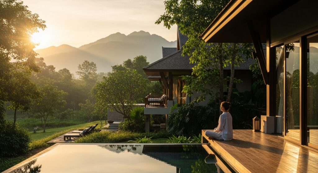 Hyper-realistic sunrise view of a serene luxury rehab villa in Chiang Mai surrounded by tropical greenery and mountains