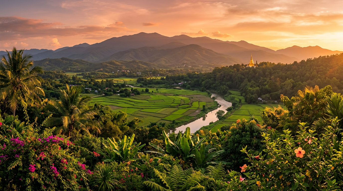 Panoramic golden hour landscape of Chiang Mai mountains rice paddies and temple spire surrounded by tropical greenery