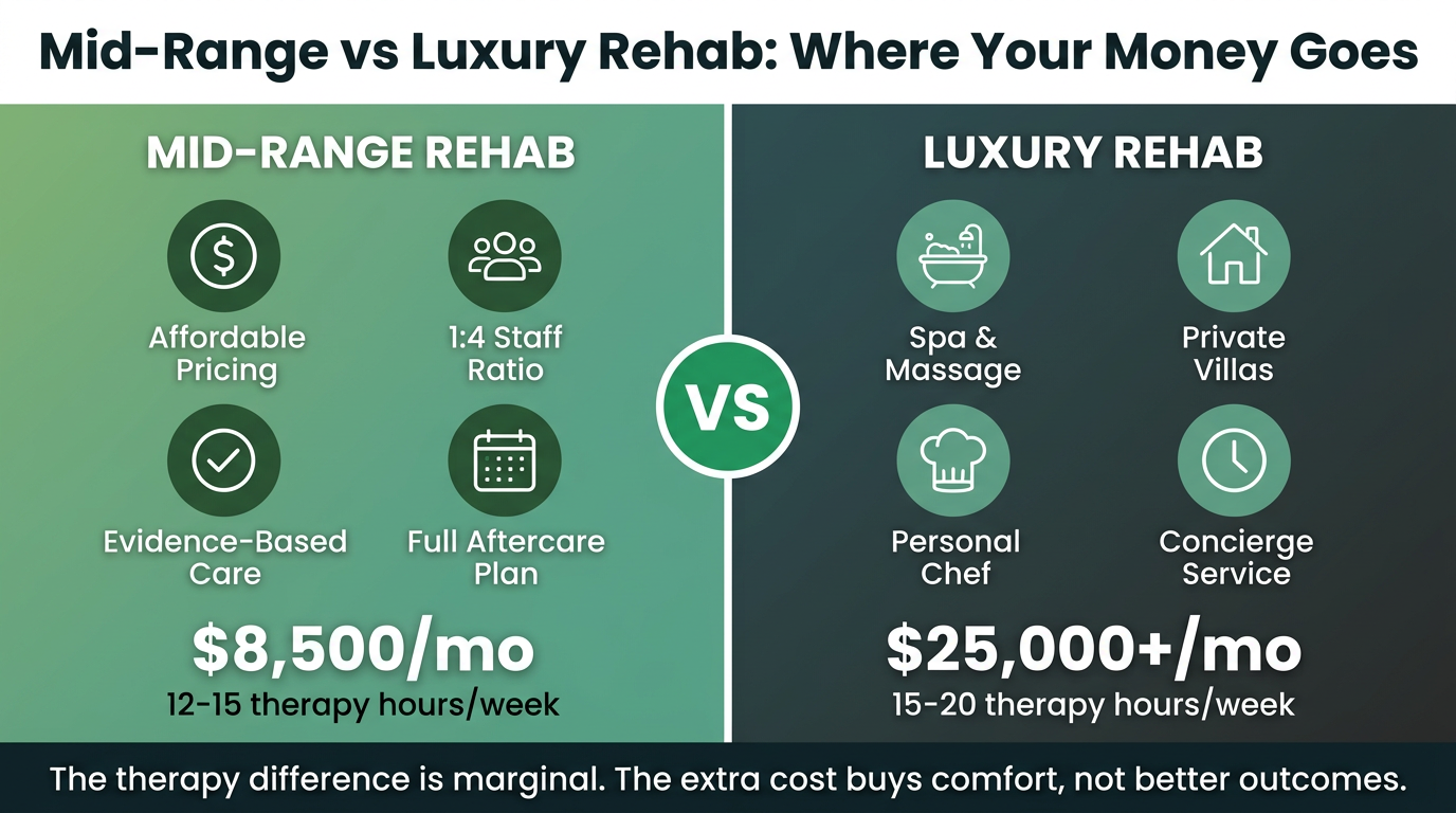 Comparison of mid-range rehab at $8,500 per month versus luxury rehab at $25,000 per month showing similar therapy outcomes