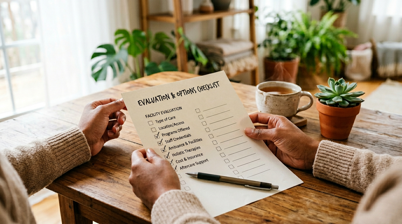 Person reviewing a rehab facility evaluation checklist with criteria like staff credentials and aftercare support