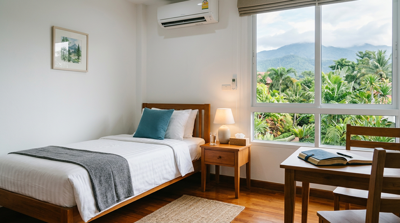 Clean comfortable mid-range rehabilitation bedroom with mountain views in Chiang Mai Thailand