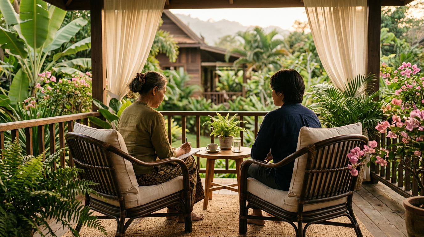Private therapy consultation on a tropical terrace at a rehabilitation centre in Chiang Mai