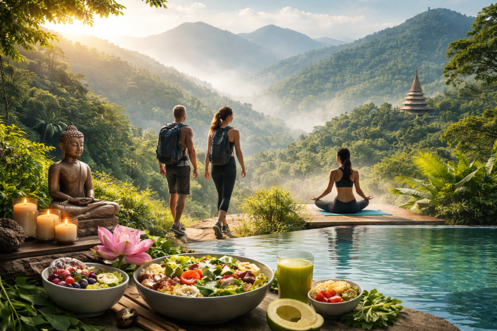 Two hikers walk toward a misty mountain valley while a woman meditates by an infinity pool, surrounded by a Buddha statue, candles, a lotus flower, and bowls of healthy food in a lush tropical wellness retreat setting.