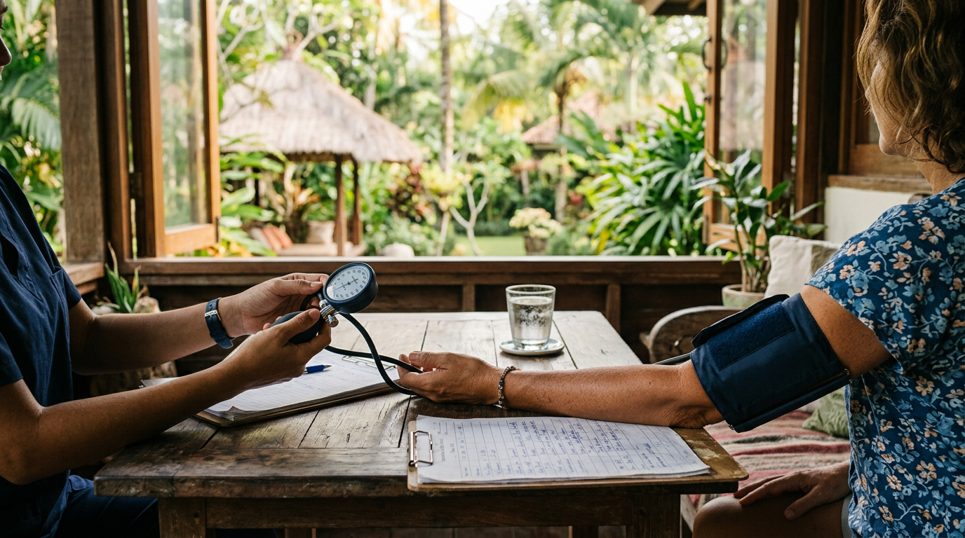 Healthcare worker taking blood pressure during medical check-in at tropical residential facility