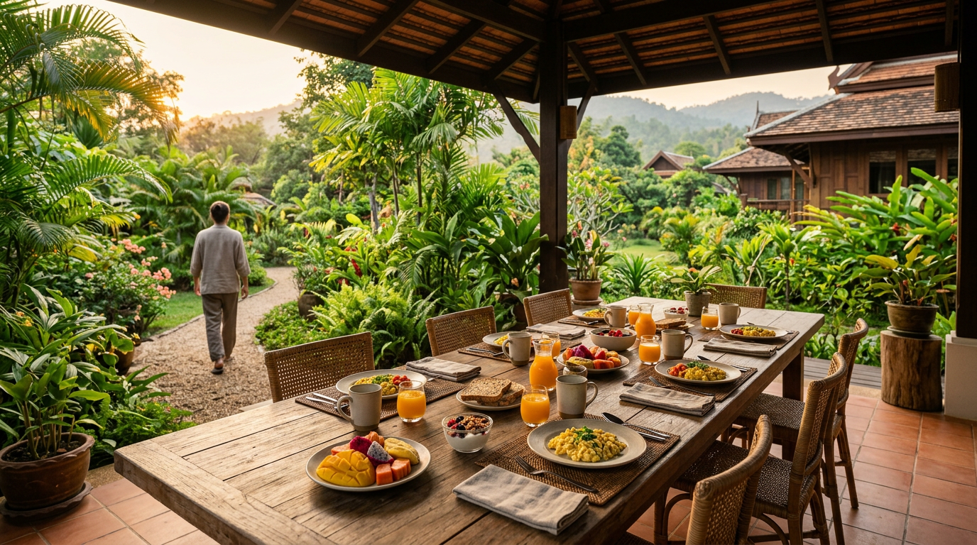 Healthy breakfast spread on terrace at residential treatment facility in Thailand with tropical garden view