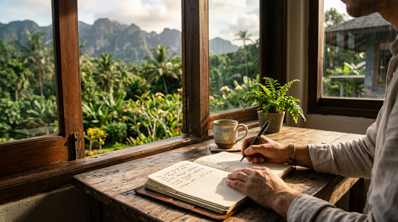 Person writing in journal at wooden desk with mountain view through window at tropical rehab facility