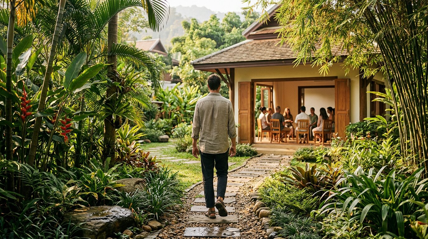 Person walking along garden path toward group therapy session at residential rehab facility in Chiang Mai