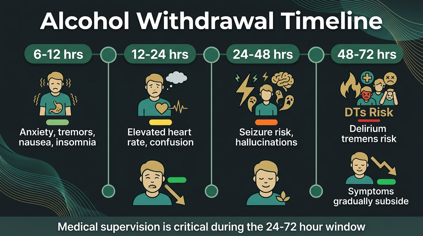 Infographic showing alcohol withdrawal timeline from 6 hours to 7 days with symptoms at each stage