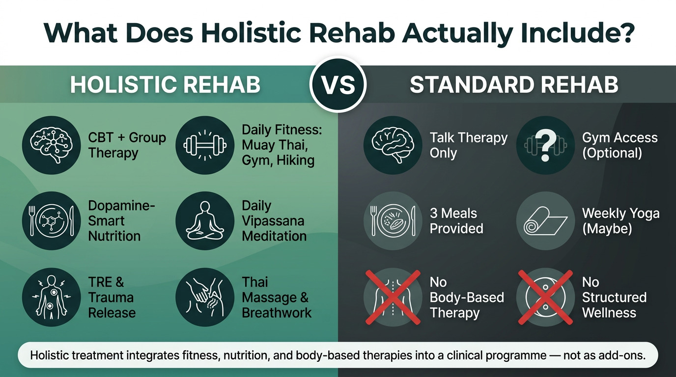 Comparison infographic showing what holistic rehab includes versus standard rehab for addiction treatment