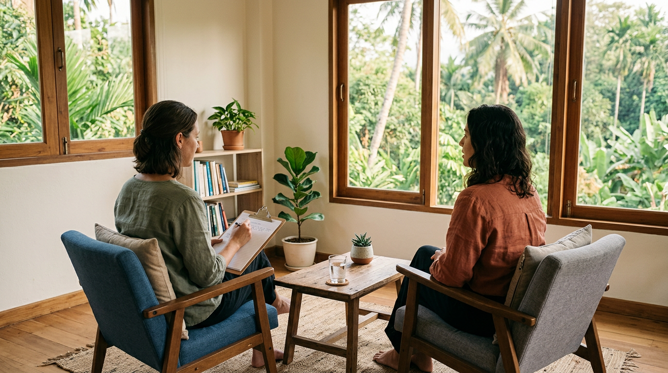 Counsellor and client in individual therapy session with tropical garden view through windows