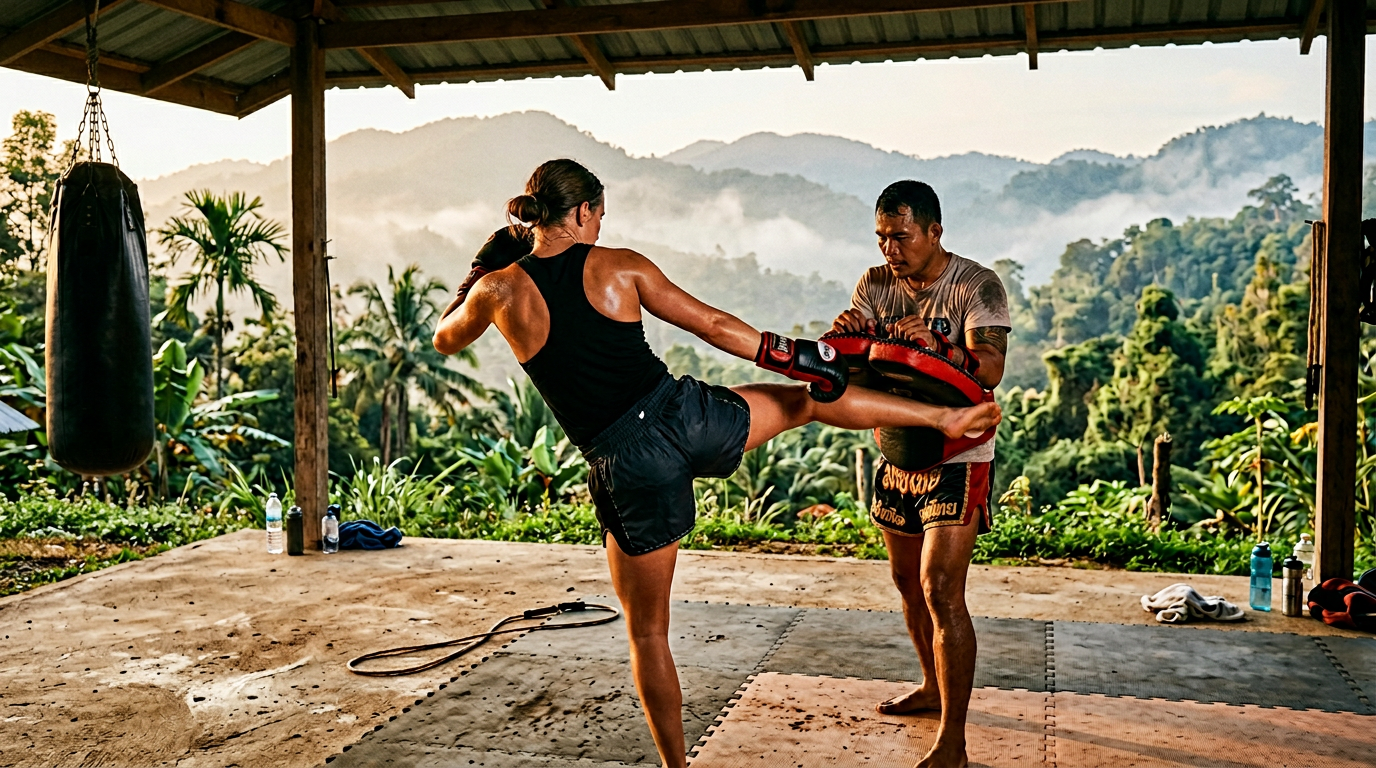 Person training Muay Thai with pad holder at outdoor gym with Chiang Mai mountains in background