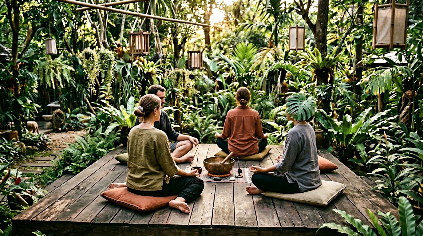 Group meditation and sound healing session on wooden platform surrounded by tropical greenery in Chiang Mai