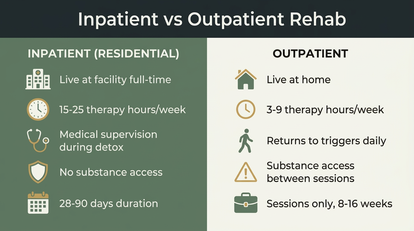 Comparison infographic showing key differences between inpatient residential rehab and outpatient rehab with distinct icons for each factor
